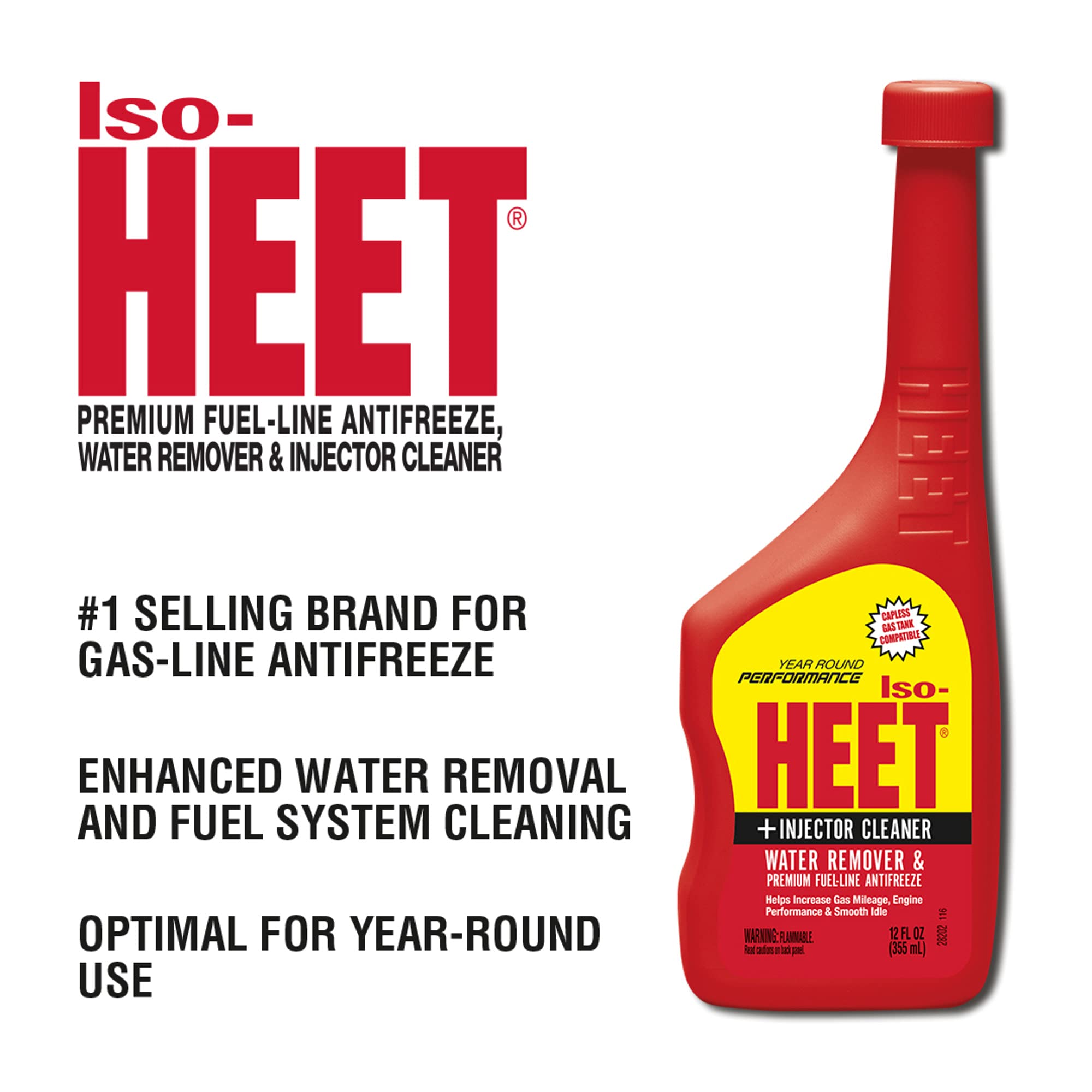 Heet Iso-Heet Water Remover And Premium Fuel Line Antifreeze + Injector Cleaner Helps Increase Gas Mileage Improves Engine Performance Year Round Performance, 12 Fl. Oz. (28202) , Red